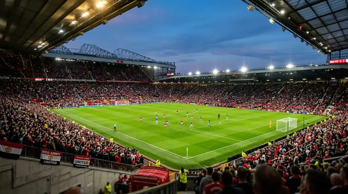 Vue panoramique d'un stade de Premier League en soirée de match